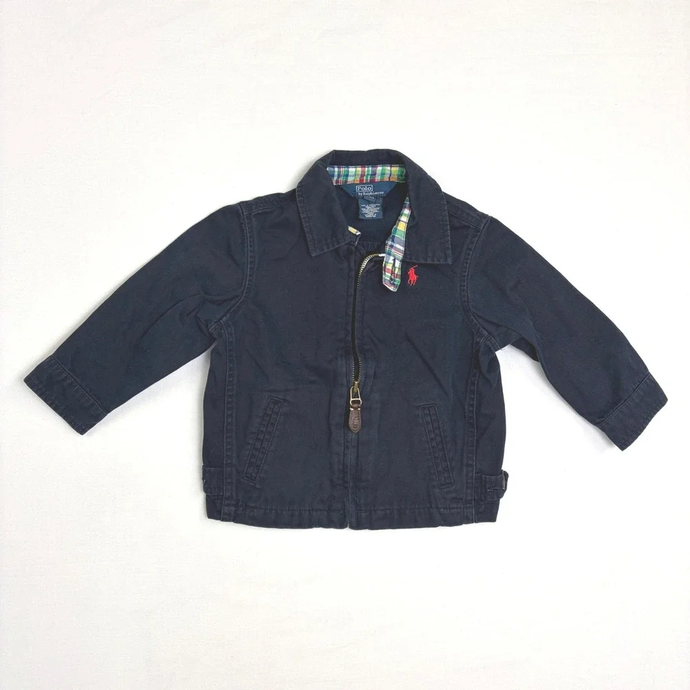 Polo Ralph Lauren Kids Navy Blue Cotton Twill Zip Up‎ Jacket Plaid Lined 24M